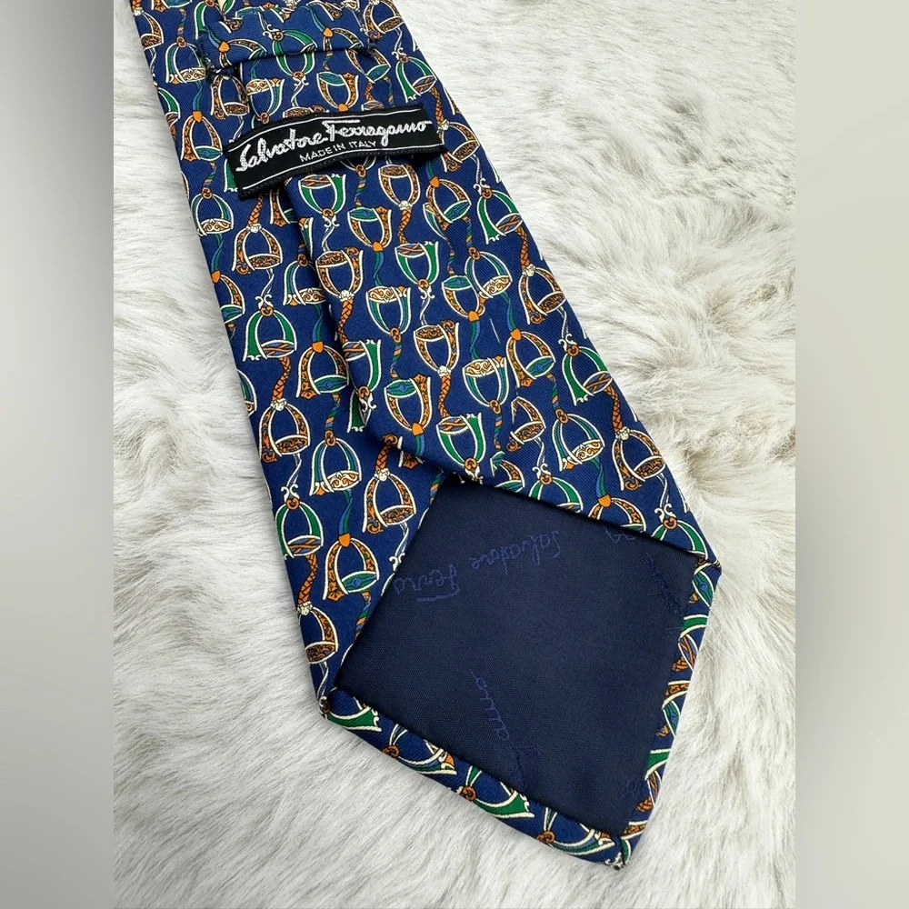Salvatore Ferragamo Equestrian Silk Tie‎ Navy Green Orange | Made in Italy